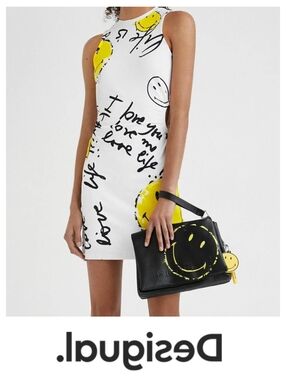 Desigual x Smiley® LOVE LIFE Graphic Script Dress with Side Cutouts & Ties, XL